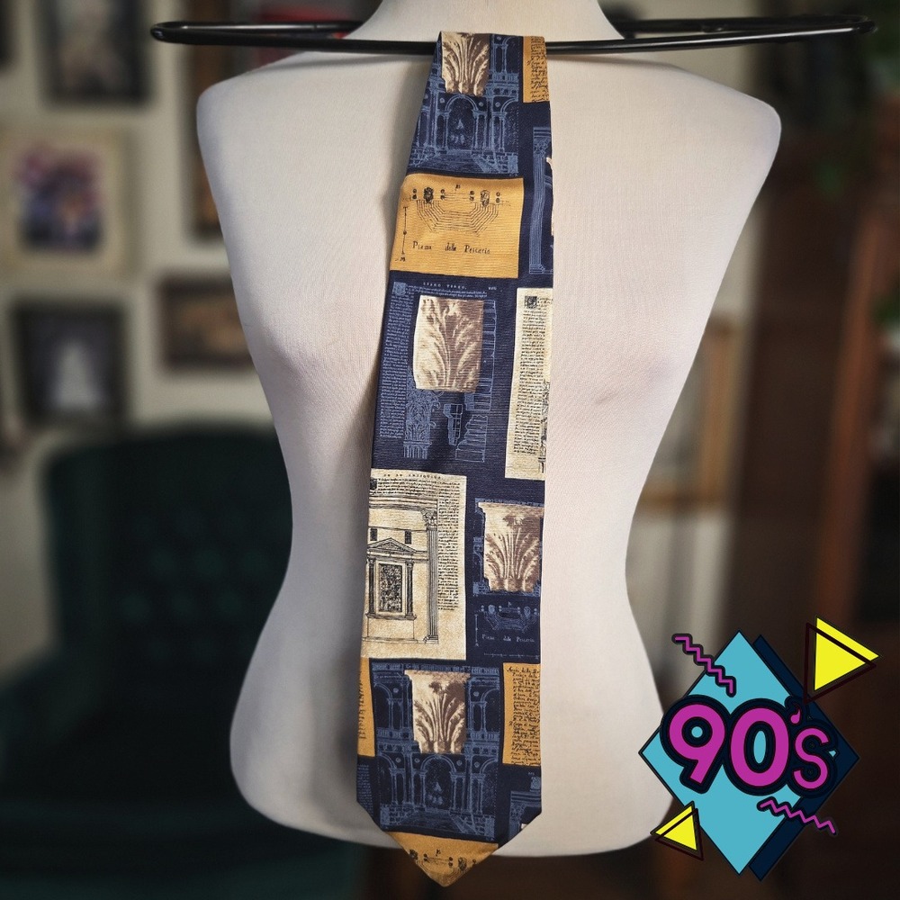 Structure Silk Tie Vintage 90s Architecture Manuscript Print Blue Gold Mens USA